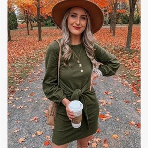 Olive Green Tie Waist Wrap Dress